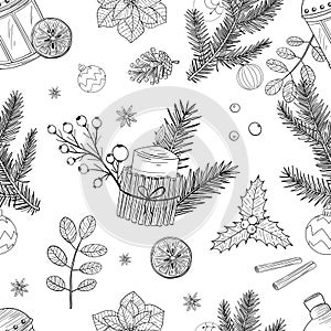 Seamless pattern Christmas and New Year. Baubles, light bulbs, glass, tree twig, orange, cinnamon, candle, pine cone, candlestick.