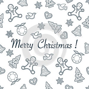 Seamless pattern with christmas and new year symbols. Christmas trees, Christmas wreath, gingerbread man, birds, bells, stars,