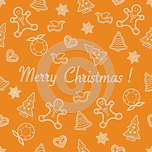 Seamless pattern with christmas and new year symbols. Christmas trees, Christmas wreath, gingerbread man, birds, bells, stars,