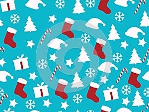 Seamless pattern. Christmas pattern with gift boxes, Christmas trees and stars.