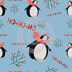 Seamless pattern with christmas penguins. Birds decorative background. Winter illustartion
