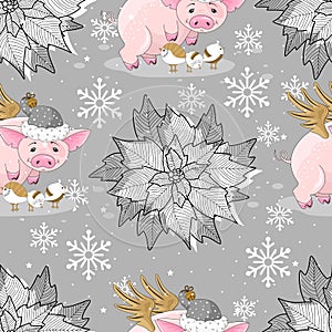 Seamless pattern with Christmas pig on winter background.