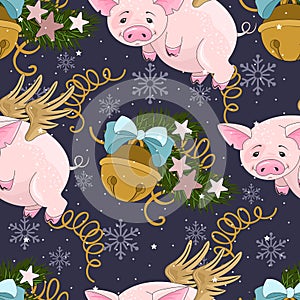 Seamless pattern with Christmas pig on winter background.