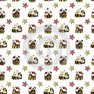 A seamless pattern of Christmas porcelain houses and carved stars on a white background