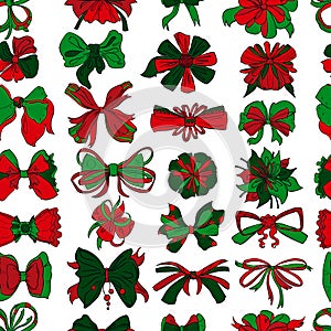 Seamless pattern with Christmas presents bows set in different styles. Isolated on white background.