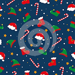 Seamless pattern for Christmas, Santa hat, and boots, Elf hat and shoes, candy cane on darkblue backgound. photo