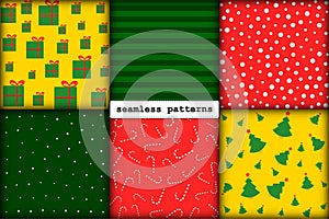 Seamless pattern Christmas set of minimalism hand-drawn New Year elements in traditional festive red green gold color palette.