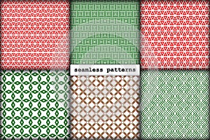 Seamless pattern Christmas set of minimalism hand-drawn New Year elements in traditional festive red green gold color palette.