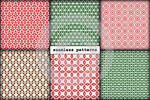 Seamless pattern Christmas set of minimalism hand-drawn New Year elements in traditional festive red green gold color palette.