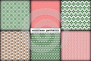 Seamless pattern Christmas set of minimalism hand-drawn New Year elements in traditional festive red green gold color palette.