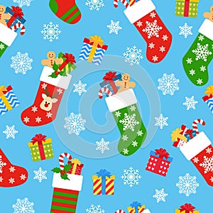 Seamless pattern Christmas socks with gifts on a blue background