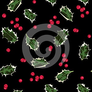 Seamless Pattern with Christmas Symbol - Holly Leaves on Blak Background.