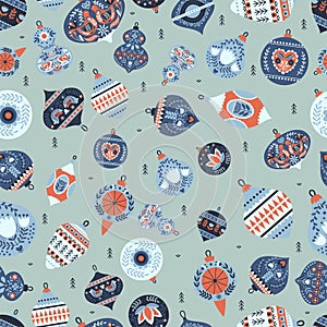 Seamless Pattern with Christmas Toys in Cute Scandinavian Folk Style. Festive Xmas Background, Wallpaper, Wrapping