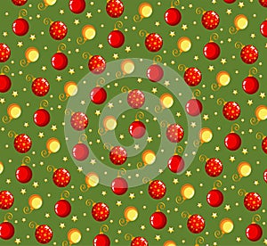 Seamless pattern with christmas toys and stars on the green background.