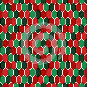 Seamless pattern in Christmas traditional colors with diamonds grid. Turtle shell motif. Honeycomb wallpaper