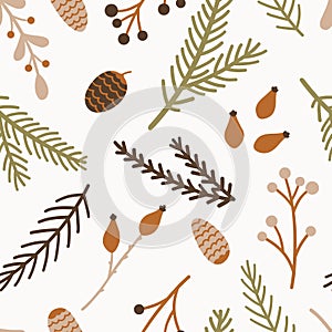 Seamless pattern with Christmas tree branches, pine cone, twigs and berries.