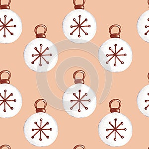 Seamless pattern with Christmas tree decoration. Hand painted watercolor illustration on light brown background