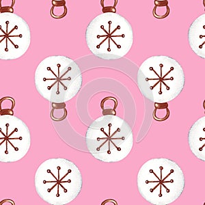 Seamless pattern with Christmas tree decoration. Hand painted watercolor illustration on pink background