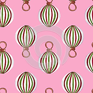 Seamless pattern with Christmas tree decoration. Hand painted watercolor illustration on pink background
