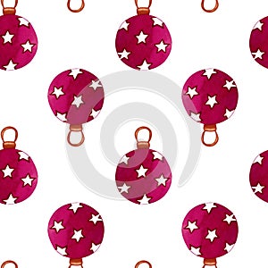 Seamless pattern with Christmas tree decoration. Hand painted watercolor illustration on white background