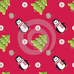 Seamless pattern with Christmas tree and decoration and penguin. Hand painted watercolor illustration on red background