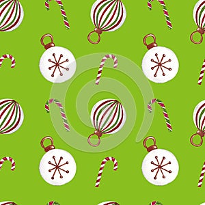 Seamless pattern with Christmas tree decorations and candy canes. Hand painted watercolor illustration