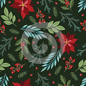 Seamless pattern with Christmas Tree Decorations, Pine Branches, poinsettia, berries.