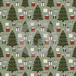 Seamless pattern Christmas tree and gifts