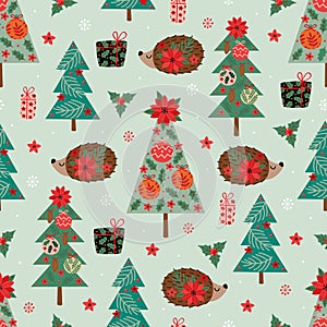 Seamless pattern with  Christmas tree and hedgehog