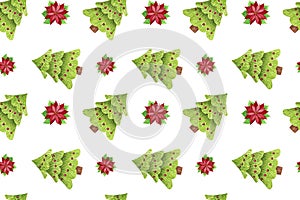 Seamless pattern with Christmas tree and poinsettia. Hand painted watercolor illustration on white background