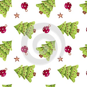 Seamless pattern with Christmas tree and red ball and stars. Hand painted watercolor illustration on white background