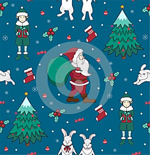Seamless pattern with Christmas tree, Santa Claus, elf and sock for gifts. New Year`s and Christmas