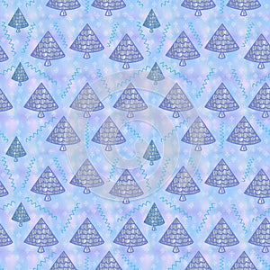 Seamless pattern of Christmas tree and snowflakes on a blue back