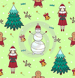 Seamless pattern with Christmas tree, snowman, elf and bell. New Year's and Christmas