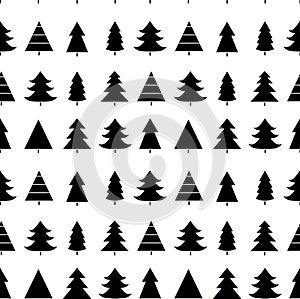 Seamless pattern with Christmas tree with toys. Red and white silhouette with black line