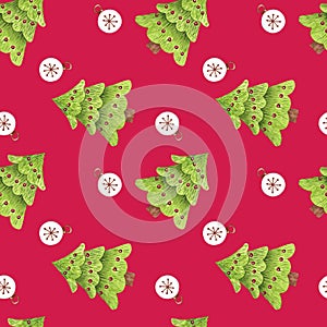 Seamless pattern with Christmas tree and white ball. Hand painted watercolor illustration on red background