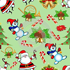 seamless pattern with Christmas trees, bells, dancing Santa and a snowman