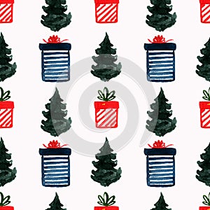 Seamless pattern Christmas trees and gifts background photo