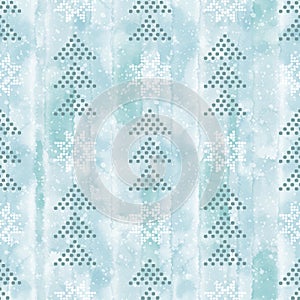 Seamless pattern with  Christmas trees, snow on blue watercolor background. Geometric decor of polka dots. Festive illustration.