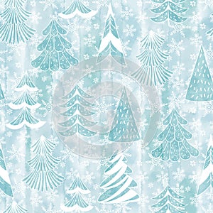 Seamless pattern with  Christmas trees, snowflakes on blue watercolor background. Festive illustration. Vector. Perfect for