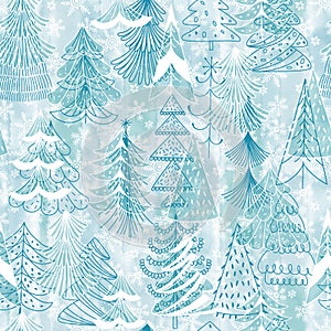 Seamless pattern with  Christmas trees, snowflakes on blue watercolor background. Festive illustration. Vector. Perfect for
