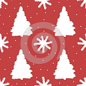 Seamless pattern with Christmas trees and snowflakes. Grunge, sketch, watercolour.