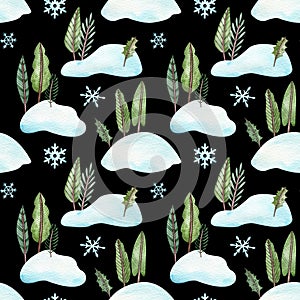 Seamless pattern with Christmas trees standing in snowbanks. Watercolor illustration.