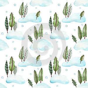 Seamless pattern with Christmas trees standing in snowbanks. Watercolor illustration.