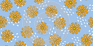 Seamless pattern with chrysanthemum or marigold flowers and abstract drops on blue background vector