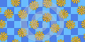 Seamless pattern with chrysanthemum or marigold flowers on checked blue background, vector