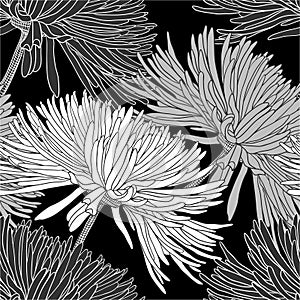 Seamless pattern with chrysanthemums in black white grey