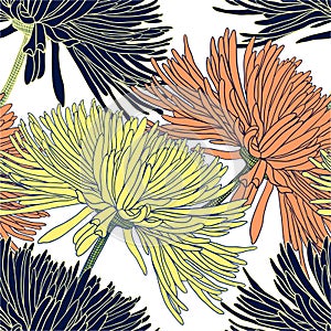 Seamless pattern with chrysanthemums in black yellow orange on white