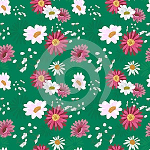 Seamless pattern with chrysanthemums,chamomile,daisy.Pink,white flowers on a green background. Vector Illustration