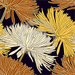Seamless pattern with chrysanthemums in gold on black